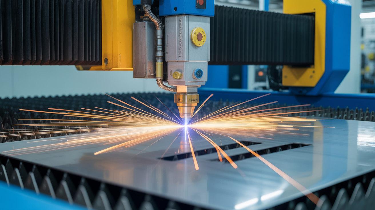 Laser cutting metal in action with precision and sparks