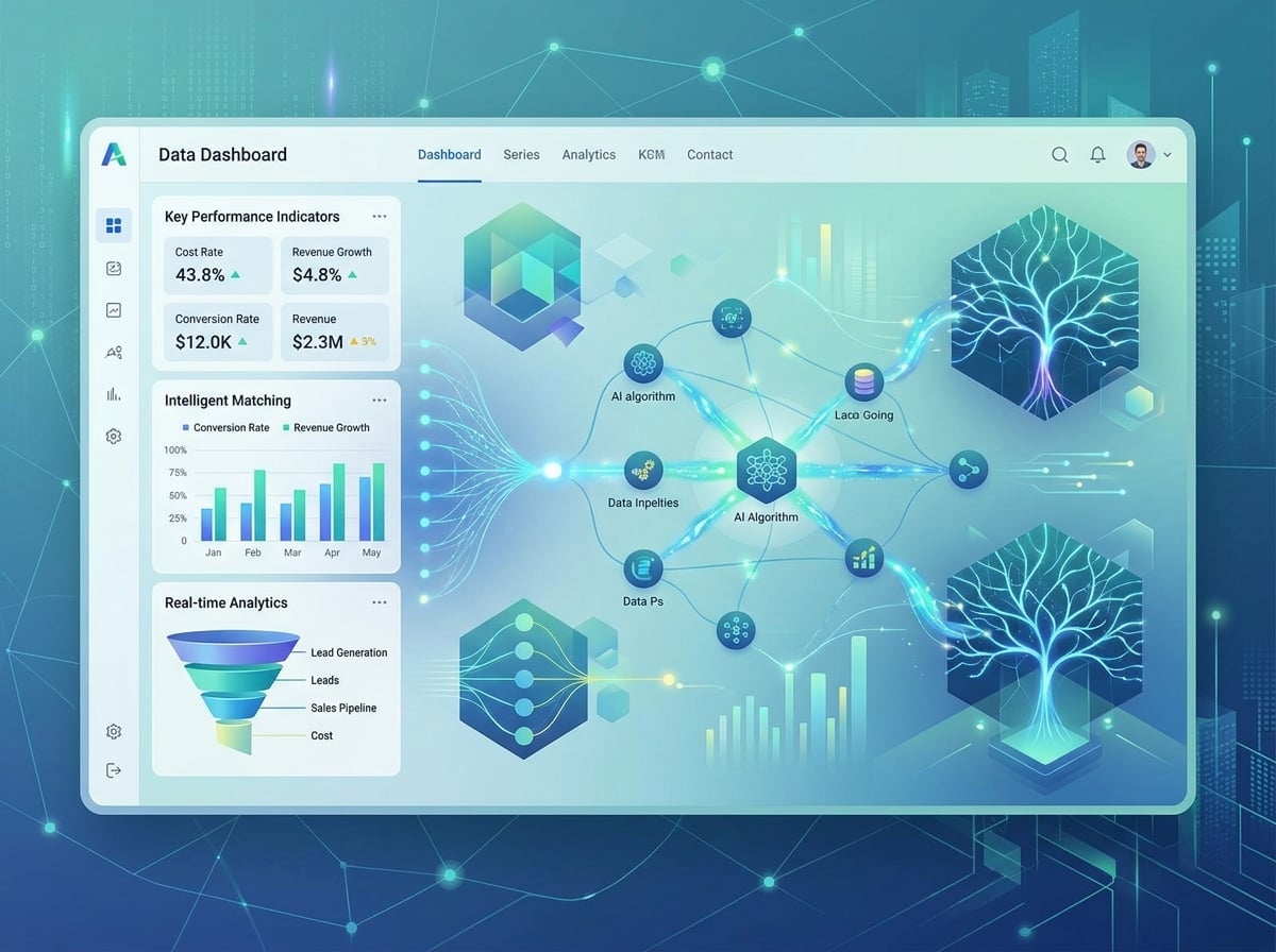AI-powered data visualization dashboard with neural network patterns for smart grant matching