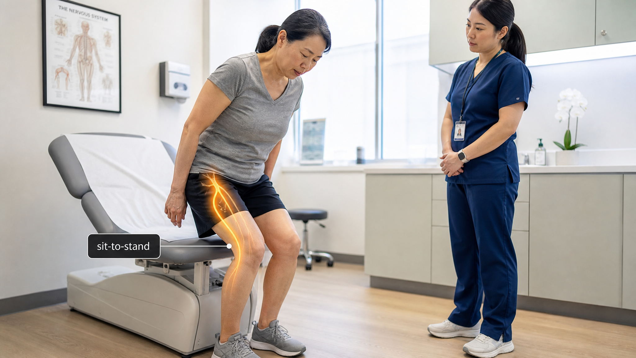 Asian woman veteran in her 50s struggling to rise from a low chair without using her arms while a clinician observes, warm amber femoral-nerve glow down the front of the thigh with a sit-to-stand label