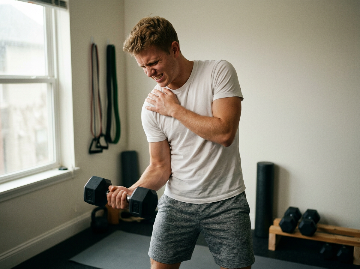 A young white male veteran grimacing as he tries to lift a weight, the motion aggravating his collarbone deformity
