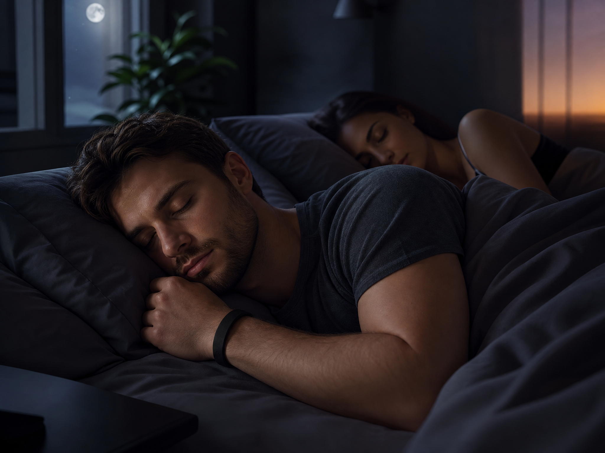 Pareja durmiendo en silencio con pulsera