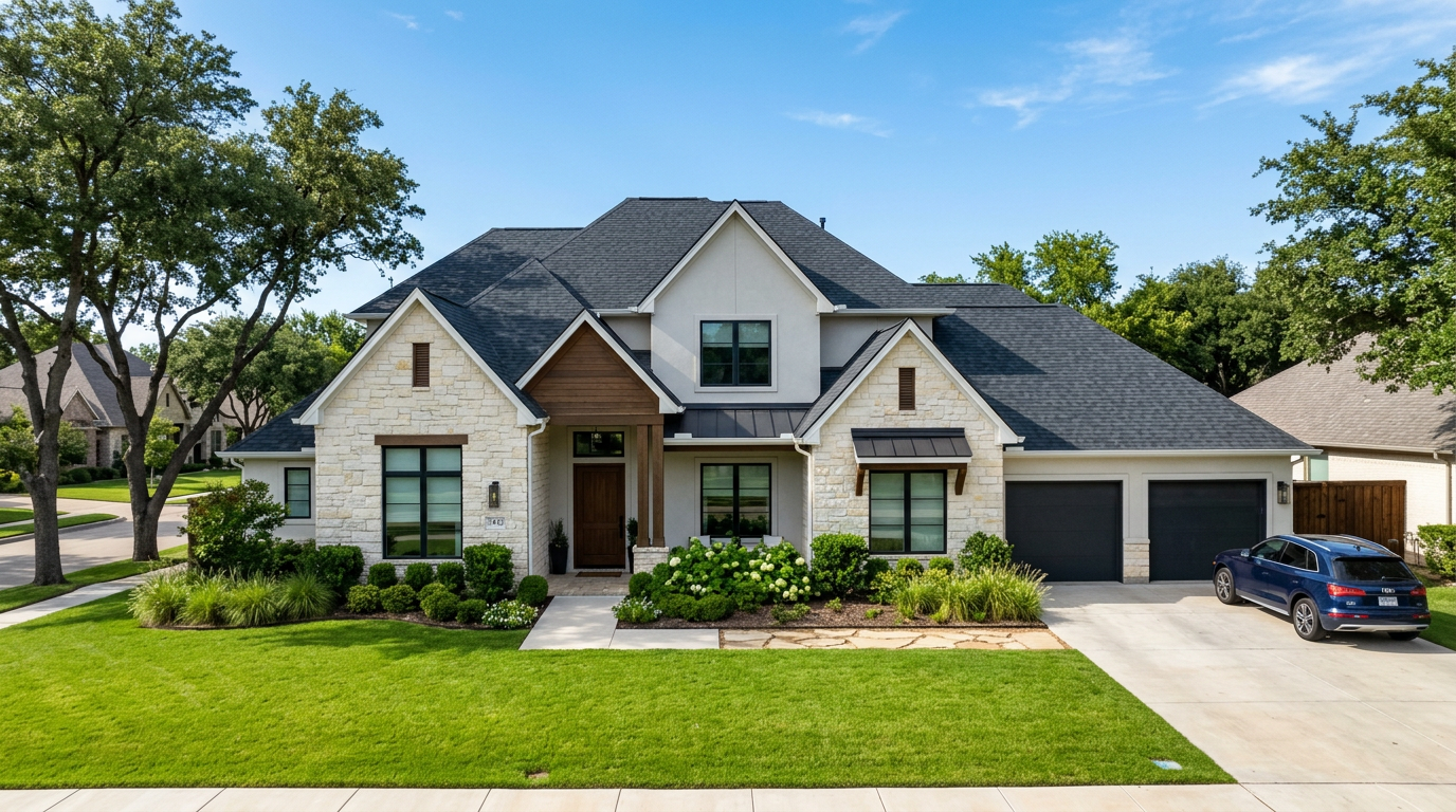Beautiful North Texas suburban home with a pristine brand-new charcoal asphalt shingle roof under a clear blue sky