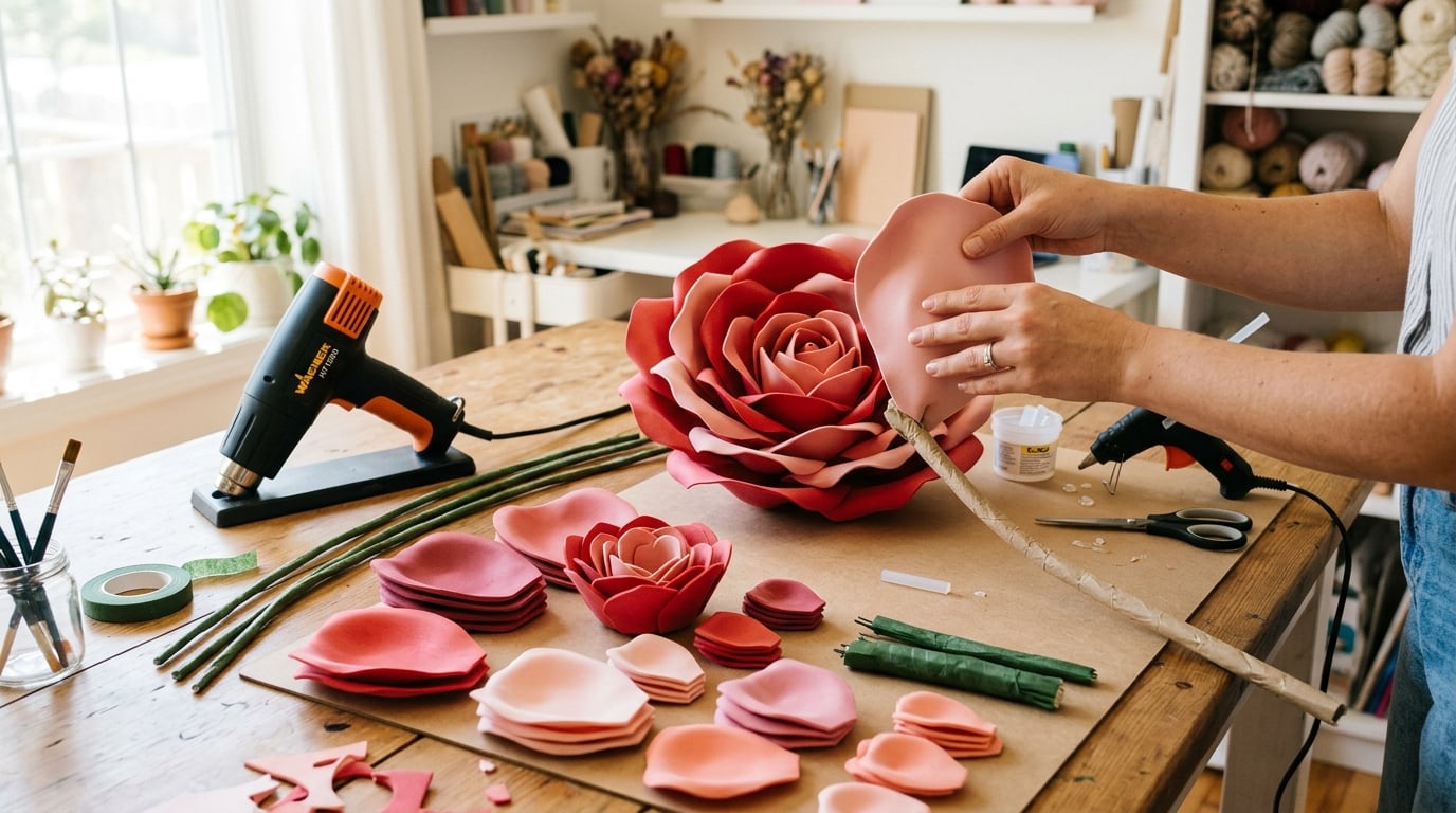Hands assembling pre-cut EVA foam petals into a giant flower on a craft table