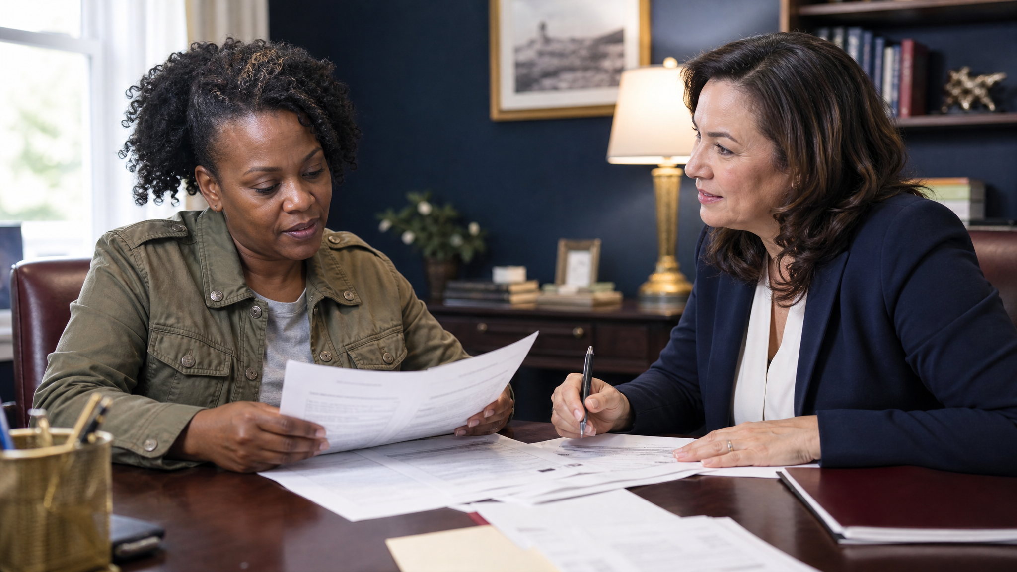 Woman veteran reviewing discharge records with an accredited advocate