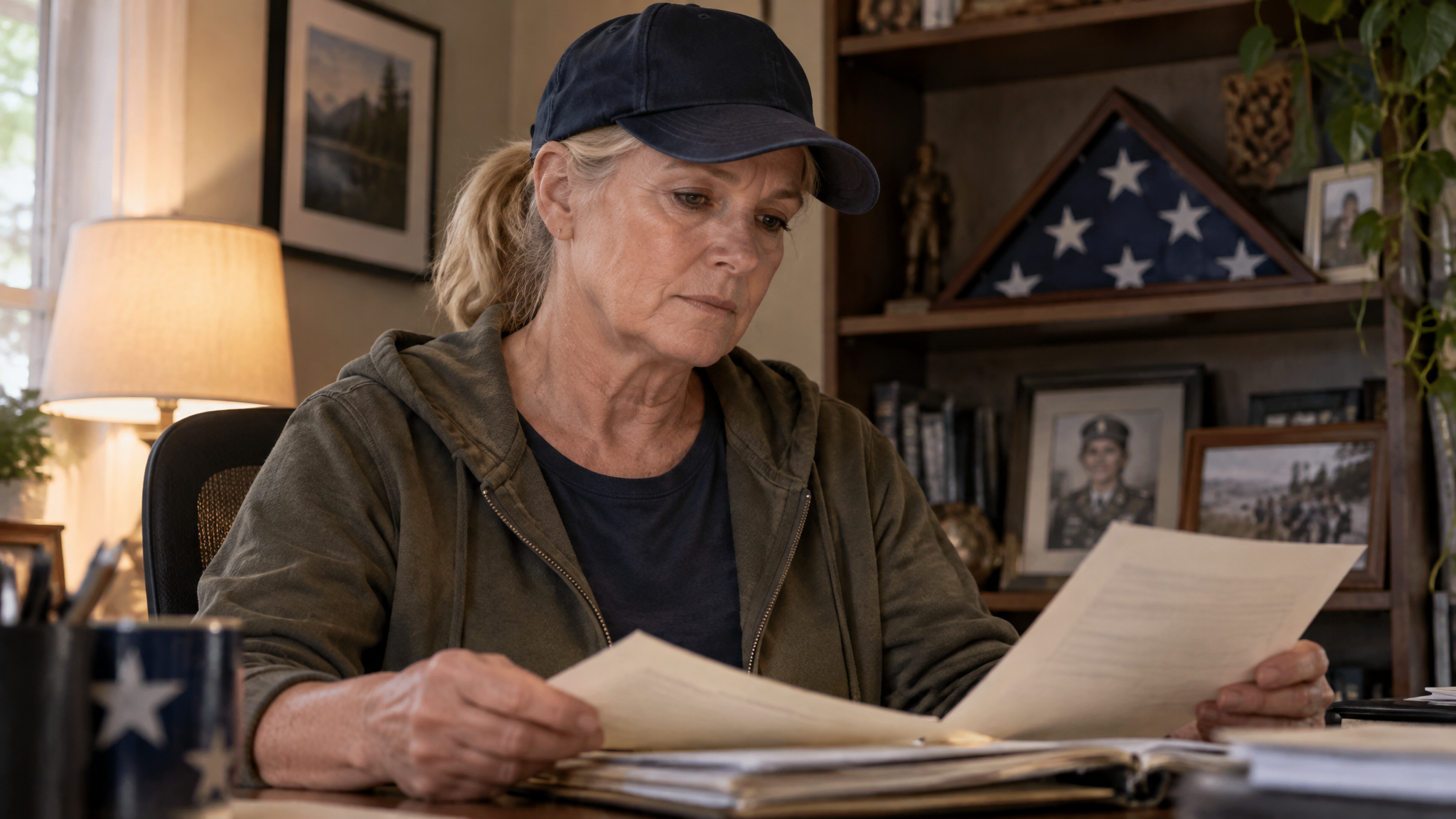 A woman veteran in her veteran cap reviewing old performance evaluations beside her flag shadow box