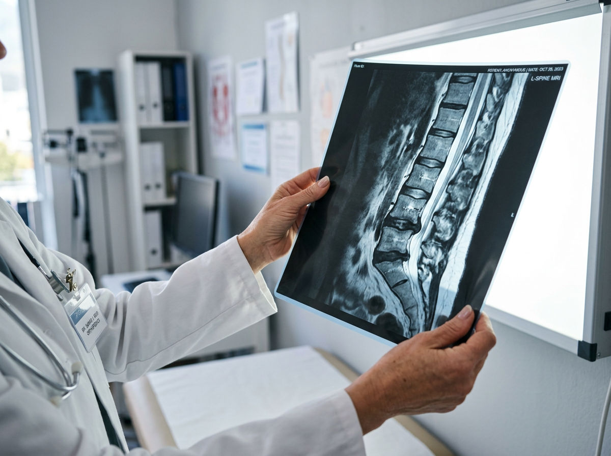 A doctor holding a lumbar MRI scan showing degenerative disc disease with visible disc dehydration and height loss