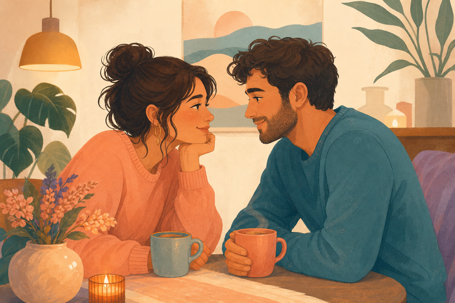 Two people sitting together with warm mugs, leaning into an honest, tender conversation