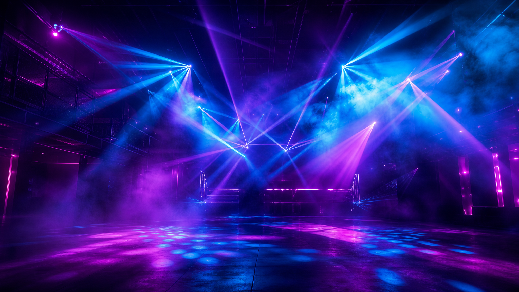 Stroboscopic Speaker creating strobe light beams at a dark party, with purple and blue light rays cutting through atmospheric fog