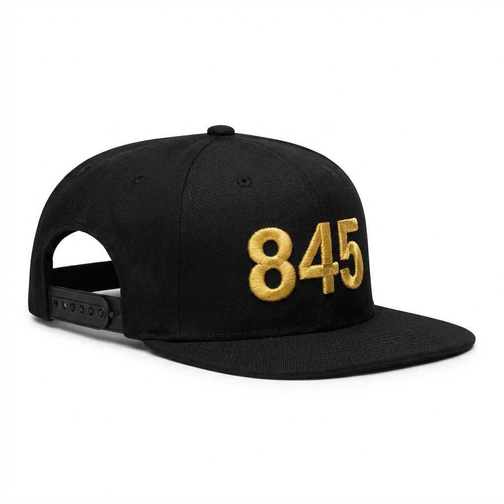 Black snapback with embroidered gold 845 logo