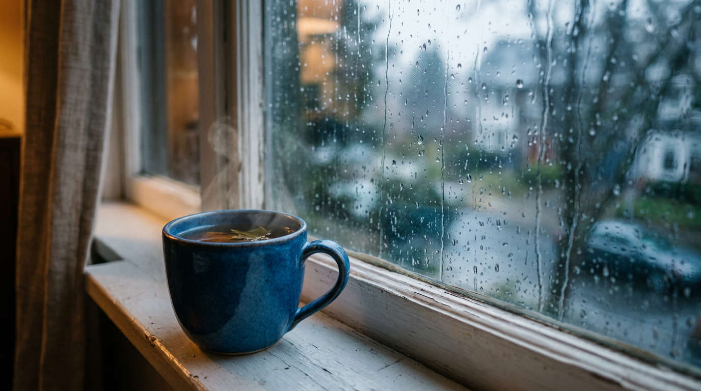 Xícara de chá fumegante no parapeito com chuva suave representando pausa contemplativa