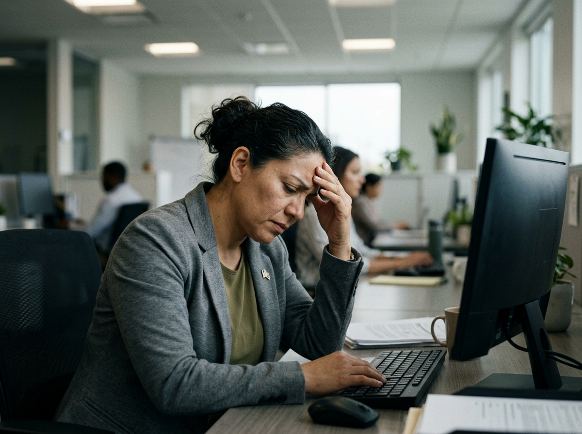 Hispanic female veteran in her 40s at an office desk looking strained and holding her head struggling to work through sinus symptoms