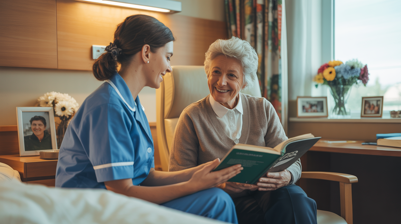 Acompanhante hospitalar conversando com paciente idoso no quarto do hospital