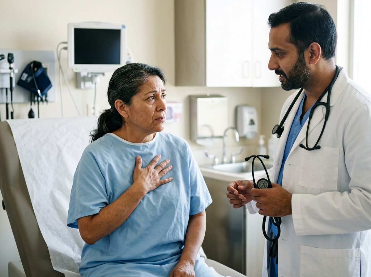 Hispanic female veteran in her 50s consulting with a South Asian male cardiologist who is reviewing her heart health at a clinic desk