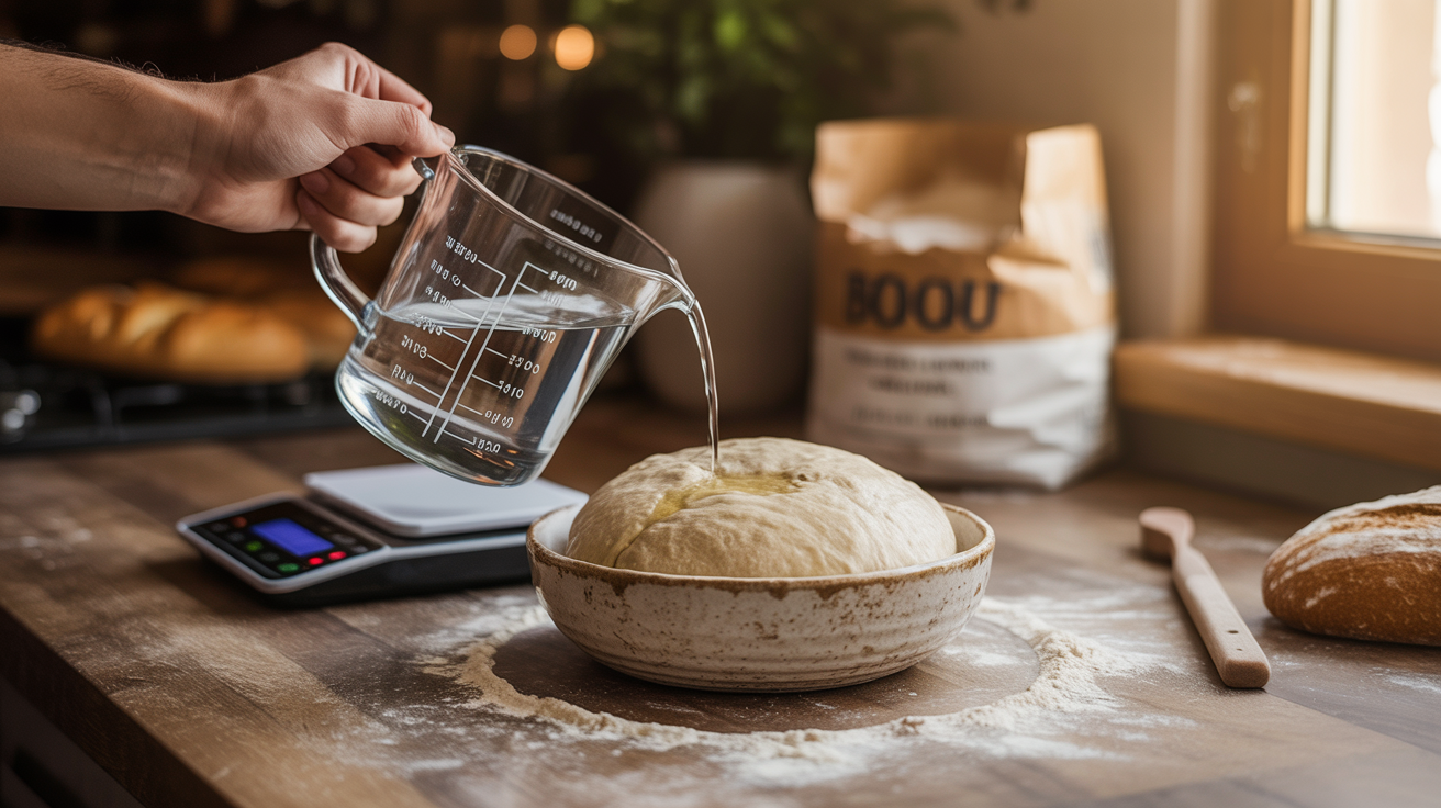 Hand holding a digital kitchen scale with a glass measuring jug pouring water into a bowl of sourdough dough on a rustic wooden countertop with scattered flour
