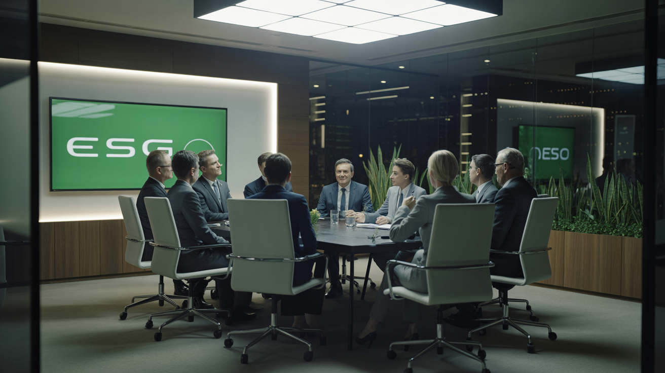 Professional ESG sustainability meeting in modern corporate boardroom