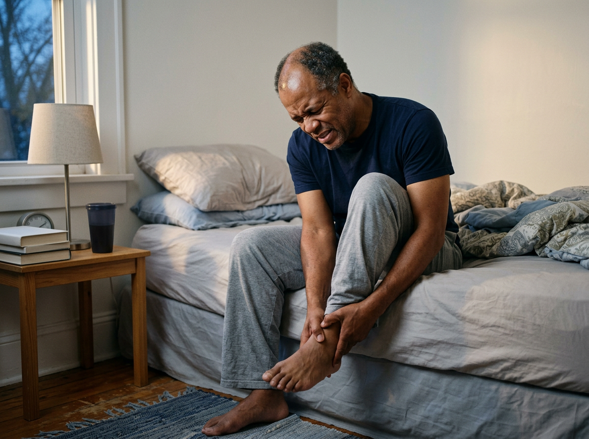 A Black male veteran in his 50s sitting on the edge of a bed, both hands wrapped around his ankle, showing morning stiffness and pain
