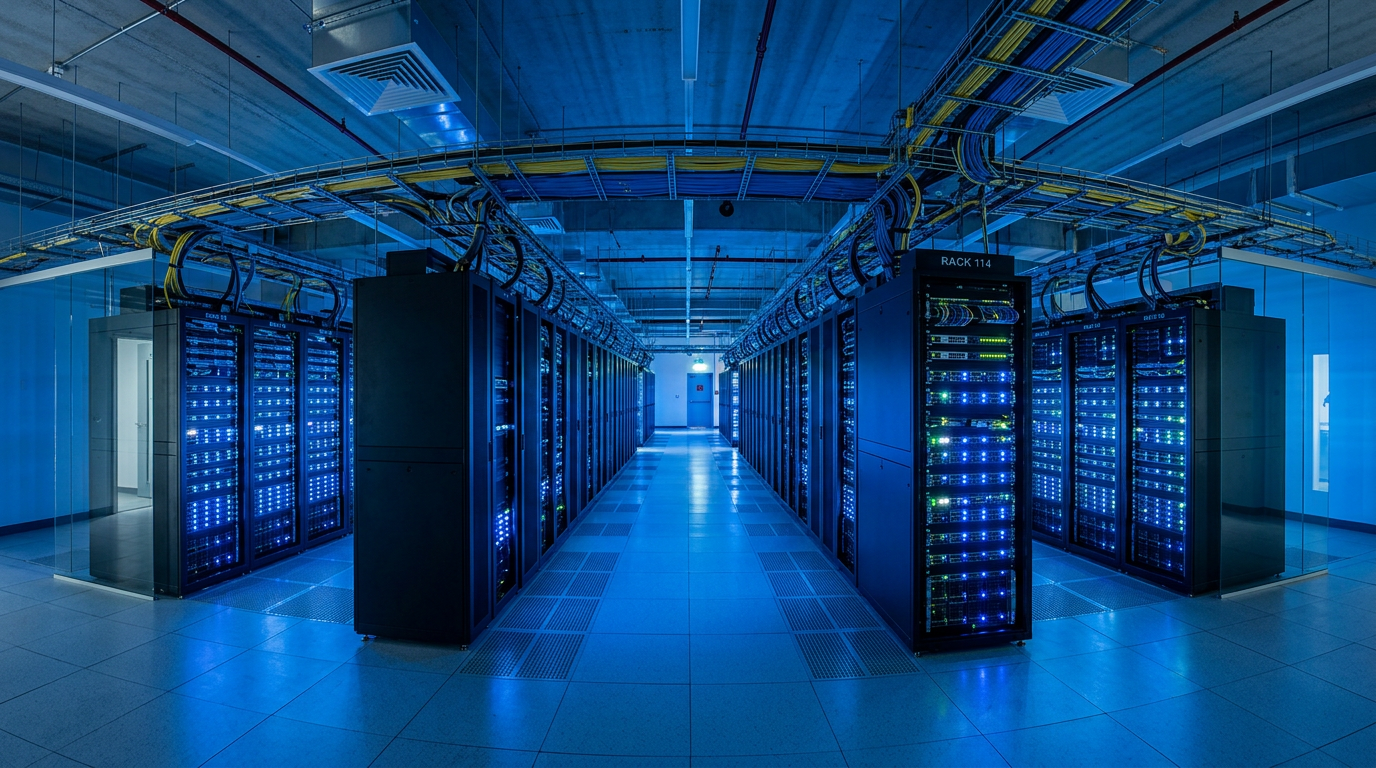 Centro de datos moderno con servidores e iluminación azul
