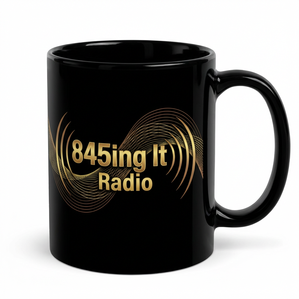 Black ceramic mug with gold radio waves design