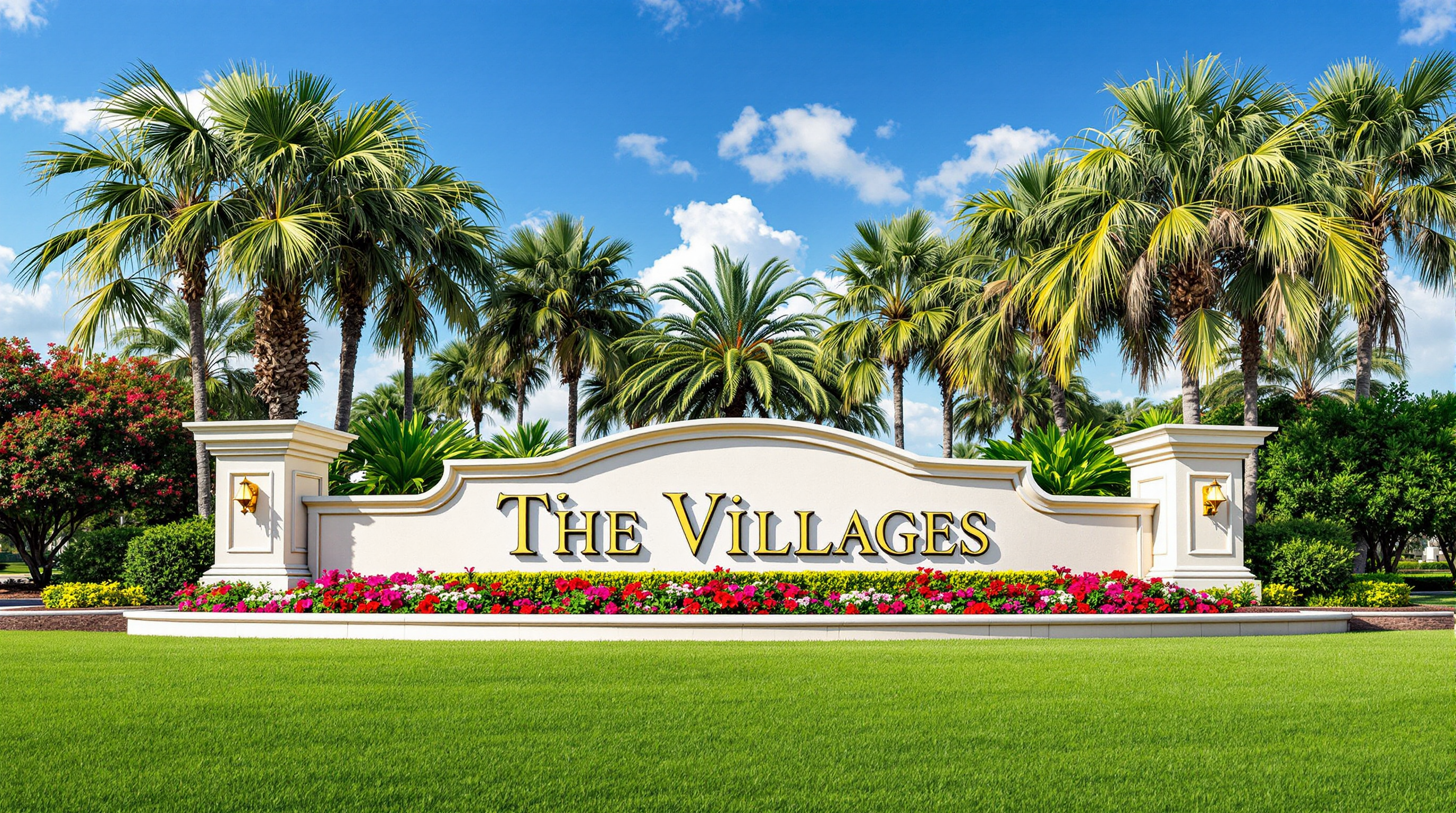 The iconic entrance sign to The Villages, Florida, surrounded by palm trees and flowers under a bright blue sky.