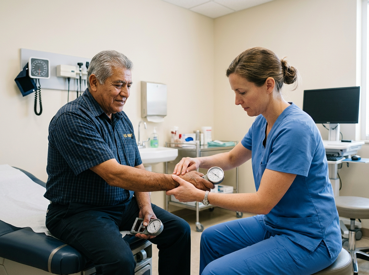 Orthopedic physician examining veteran hand and wrist for prosthetic-comparison functional testing