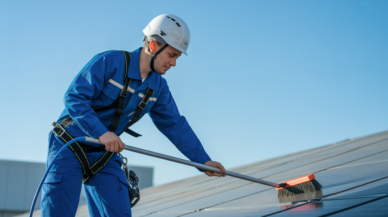 Técnico limpiando paneles solares