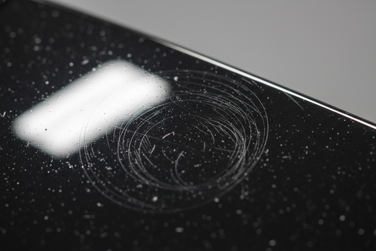 Macro close-up of swirl marks and clearcoat micro-scratches