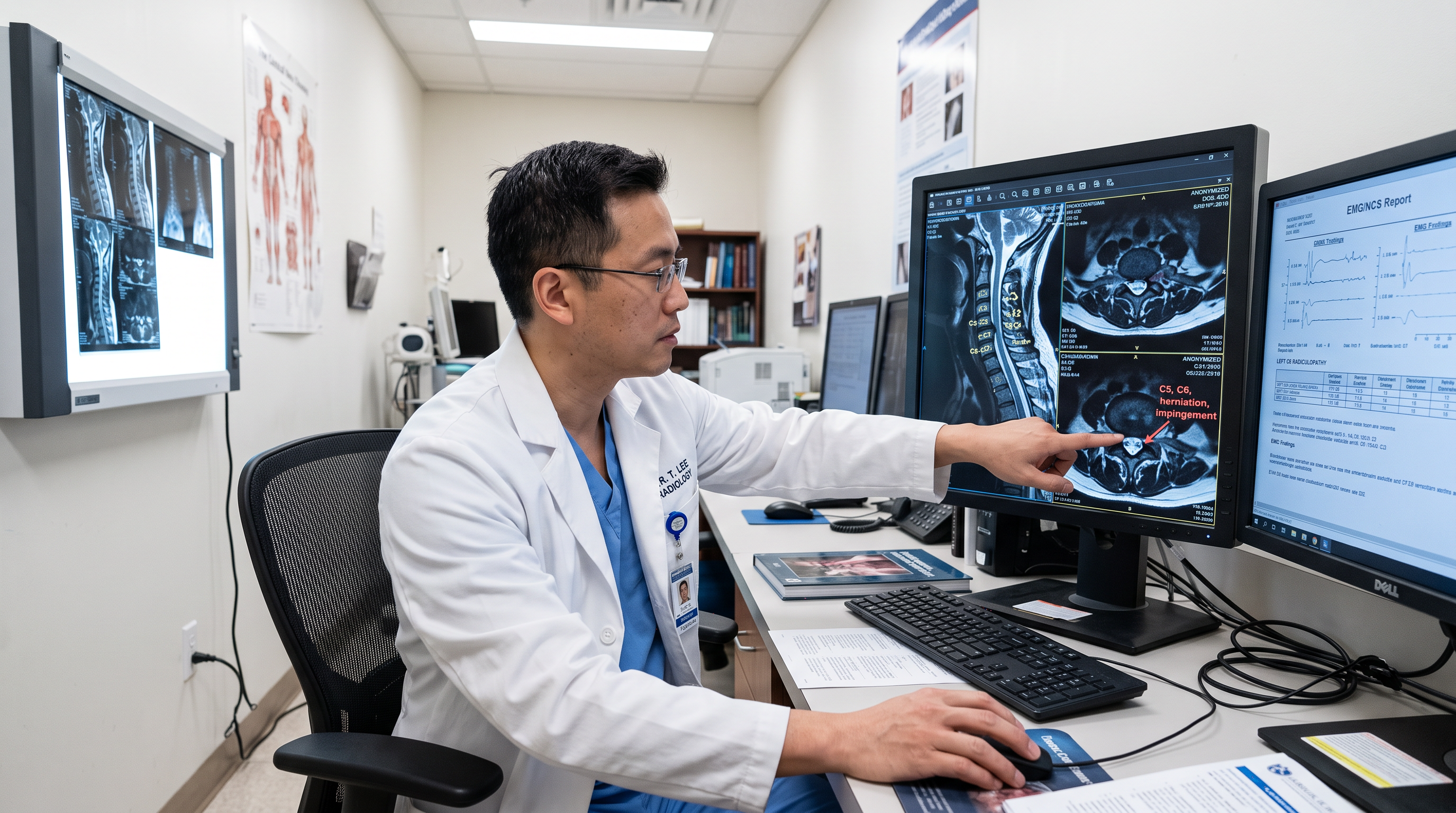 An Asian male radiologist reviewing cervical MRI images on dual monitors showing a C5-C6 disc herniation pressing a nerve root, EMG traces beside the scan