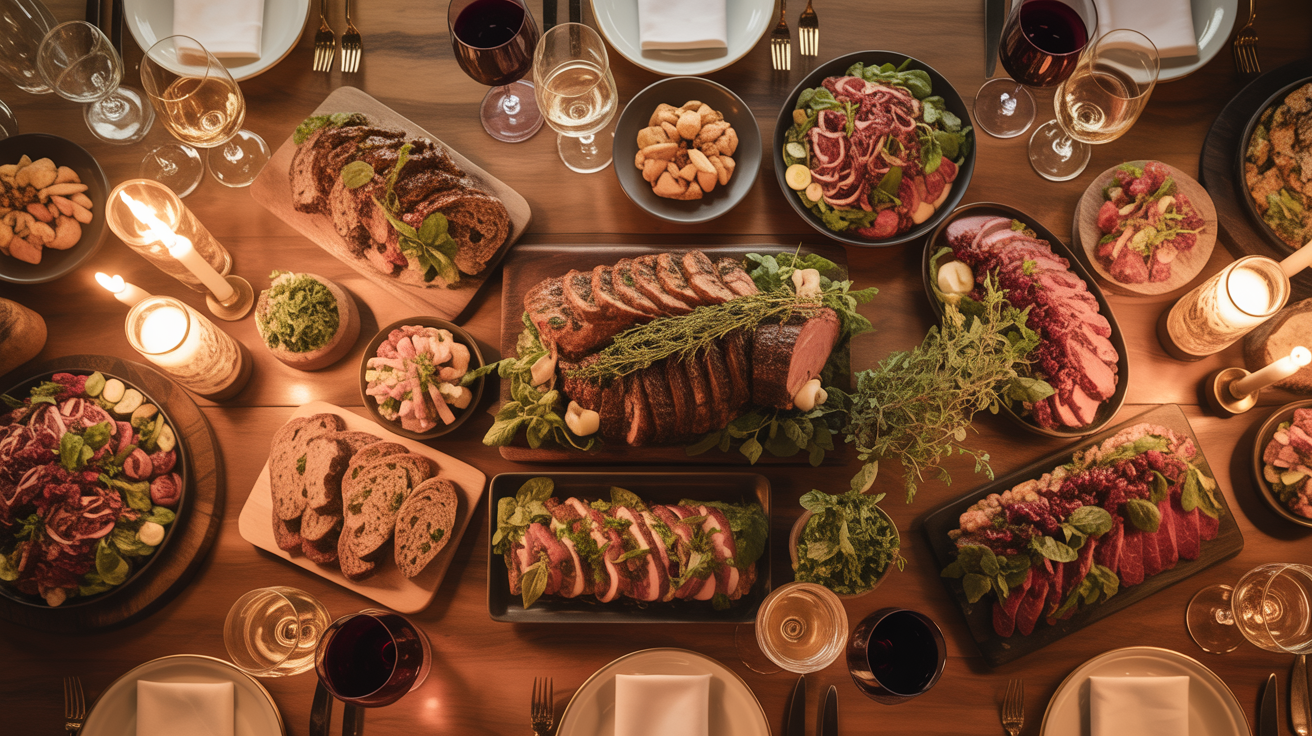 Stunning catering table spread with warm golden lighting