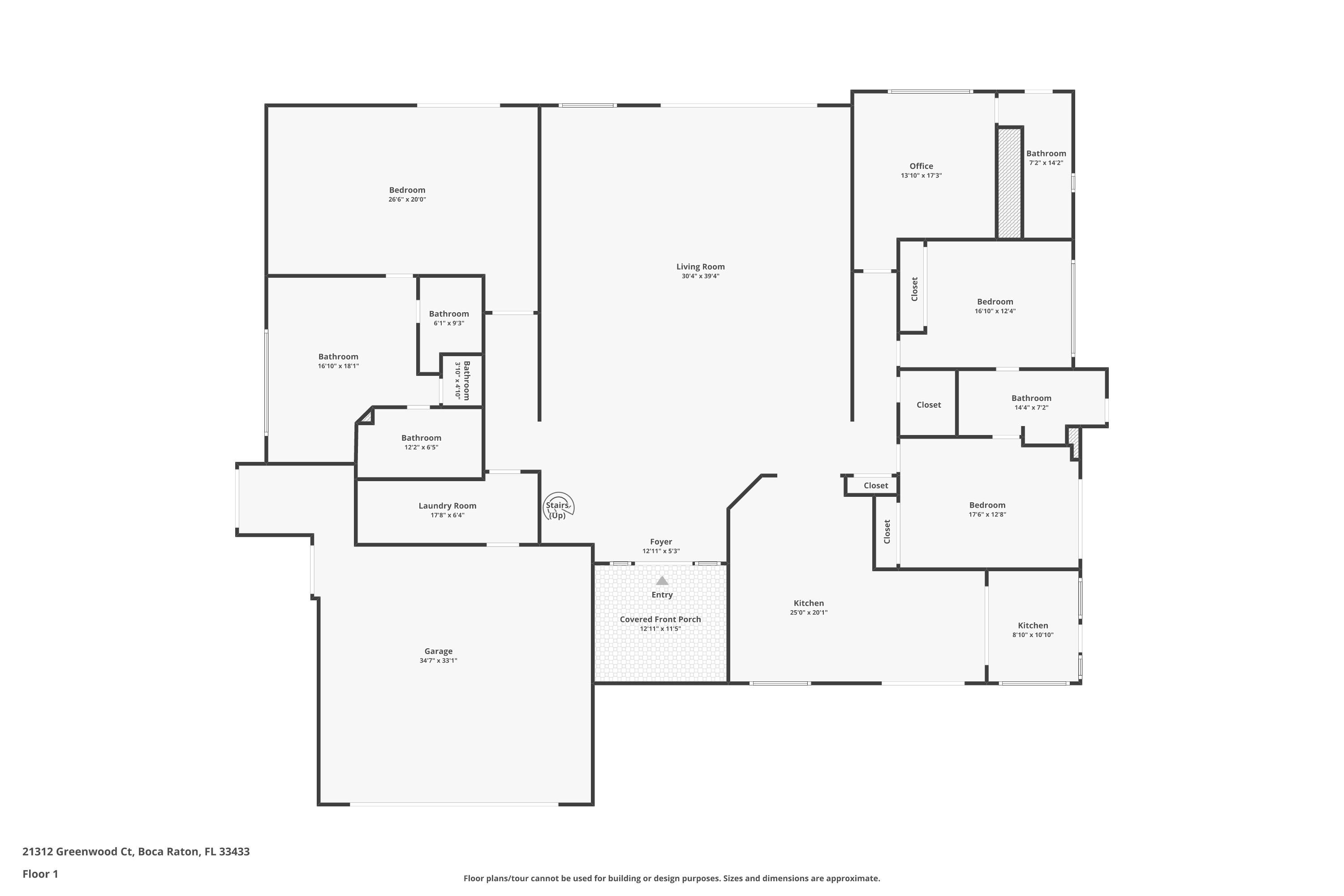 Floor 1 - Main Level with garage, bedrooms, kitchen, living areas