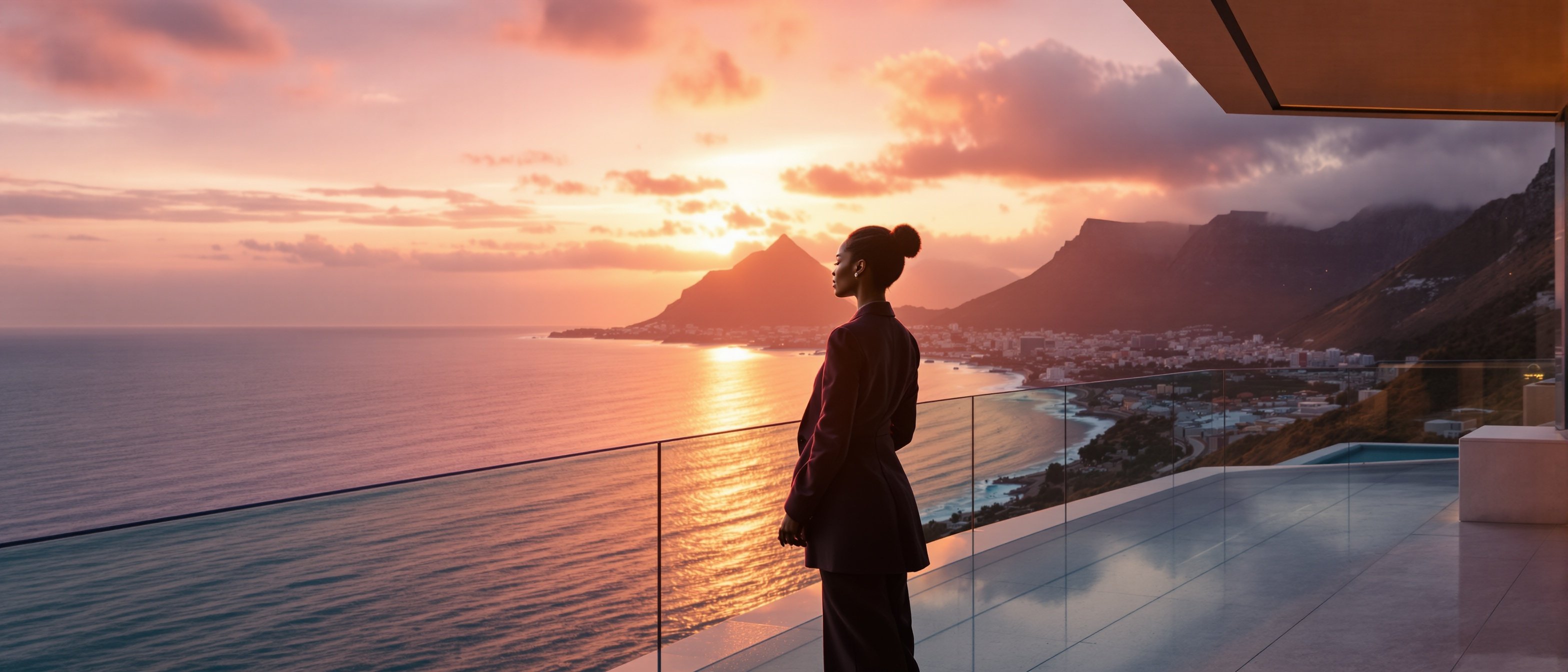 Cape Town coastline at sunrise with executive woman