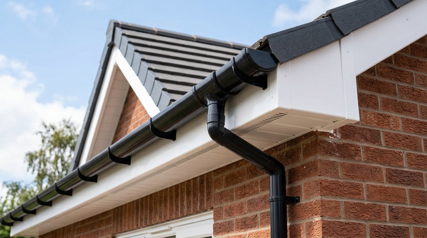 New white uPVC fascias, soffits and black guttering