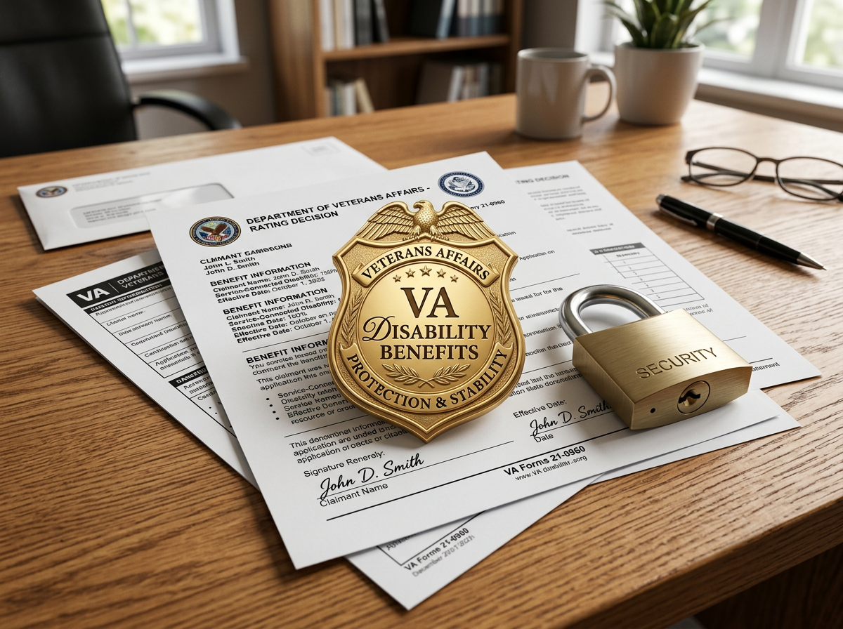 A shield and lock over VA benefit paperwork, symbolizing a protected disability rating