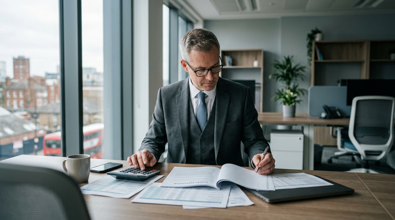 UK landlord reviewing rental paperwork and finances at a desk with a calculator