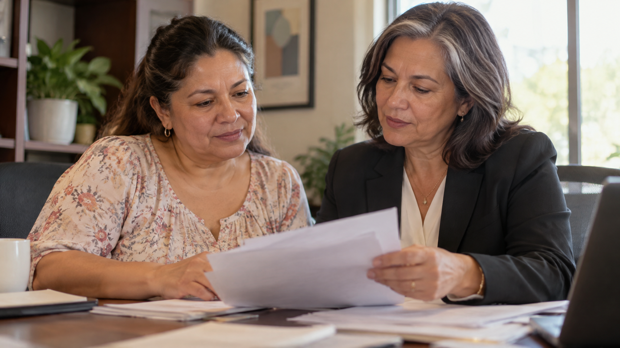 A woman veteran and a woman advocate reviewing a stack of separation papers together at a desk
