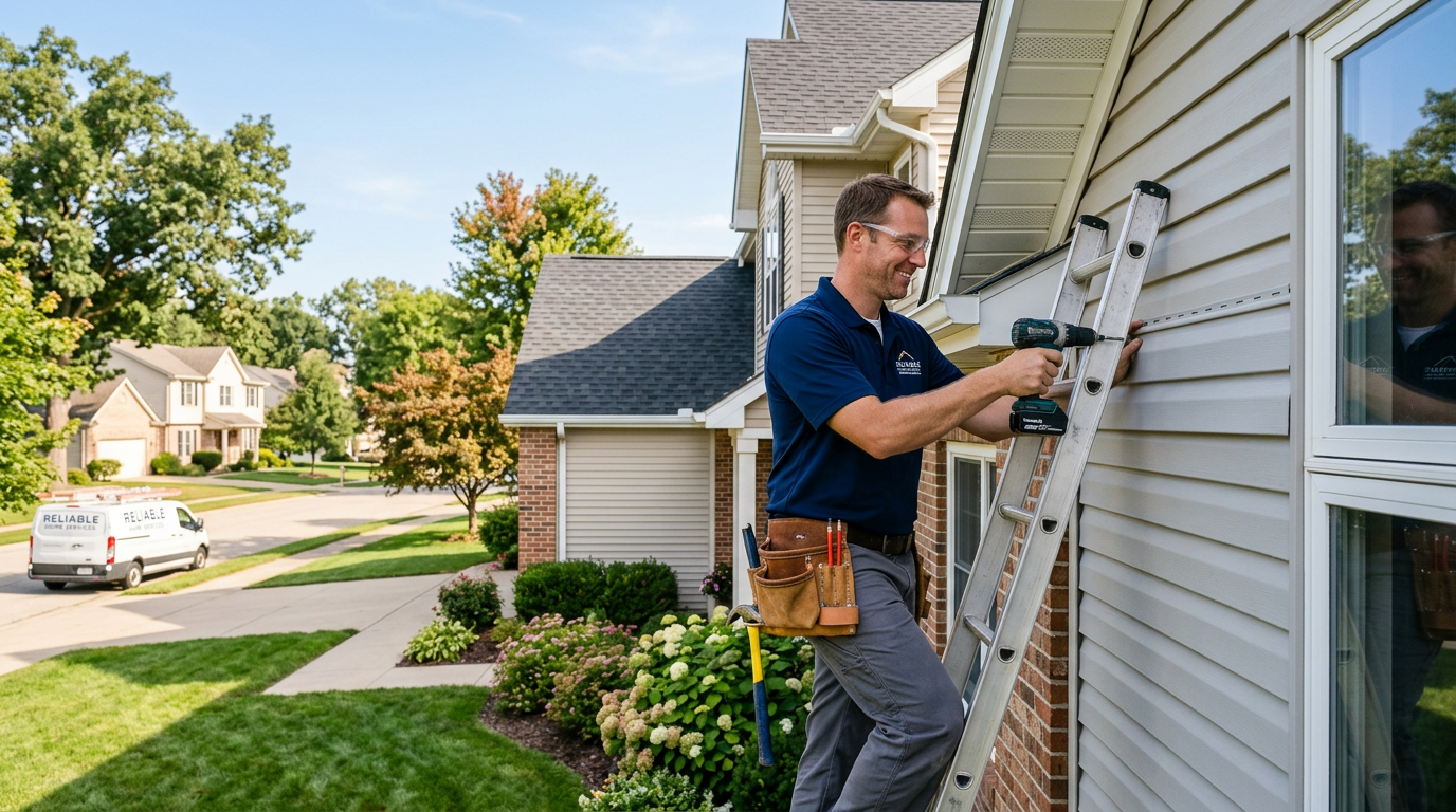 Professional contractor working on the exterior of a suburban home
