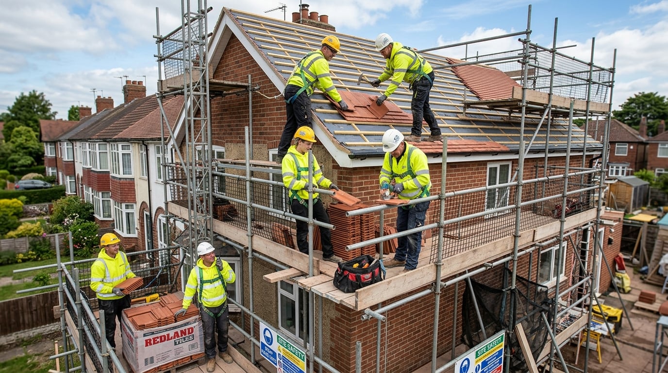 Team of construction workers on scaffolding doing roofing work