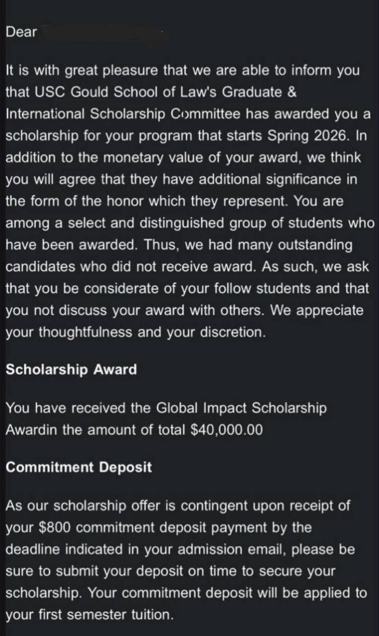 USC Gould School of Law admission letter