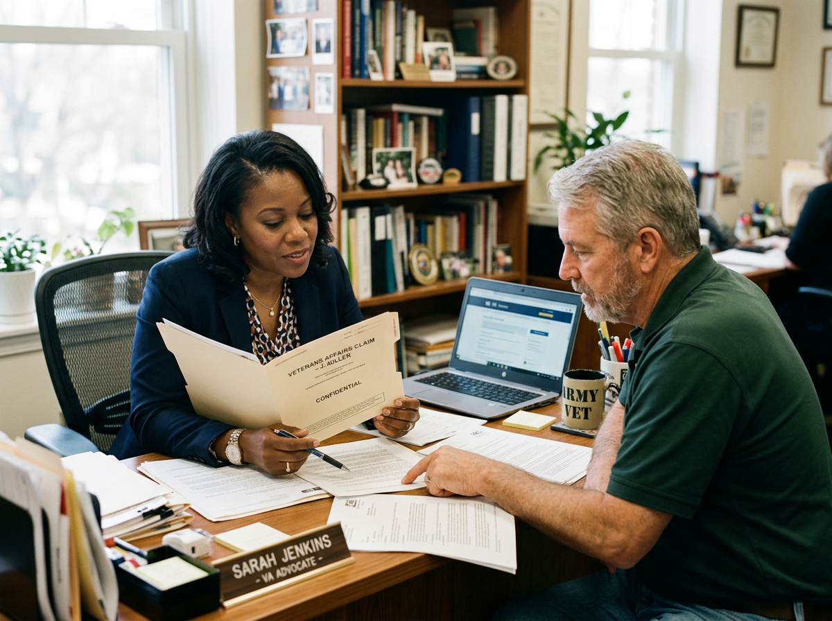 An accredited advocate and a veteran reviewing a claim file together at a desk