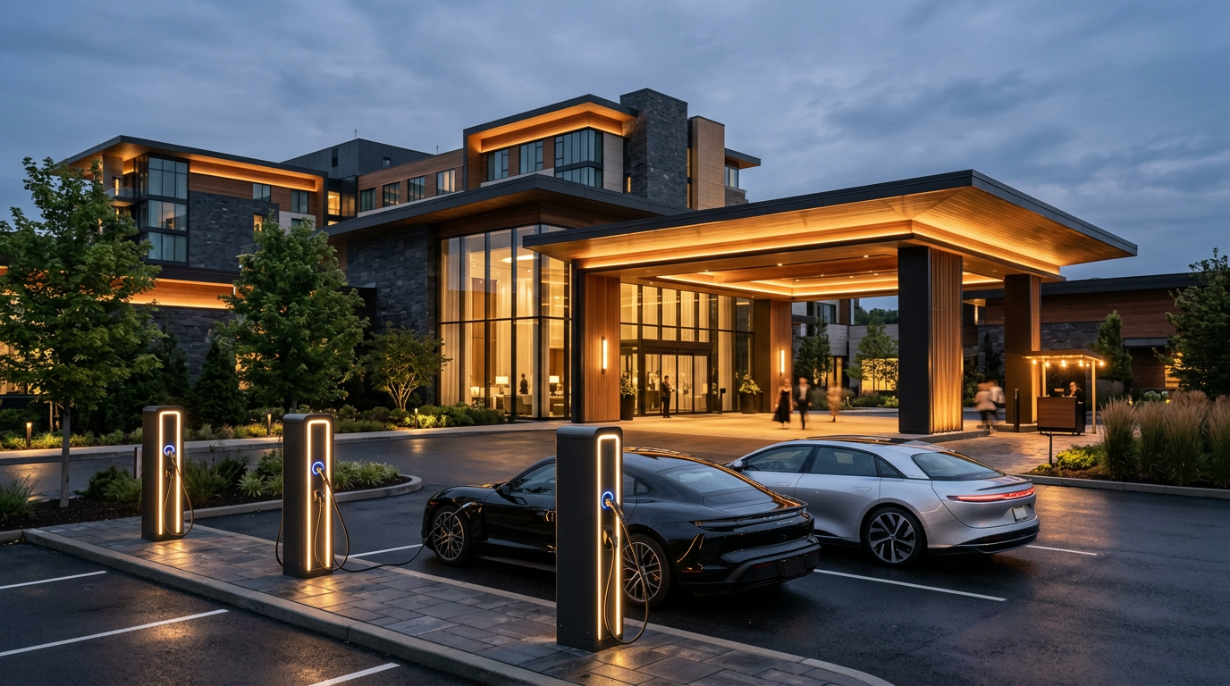 Modern hotel entrance with EV charging stations for guests