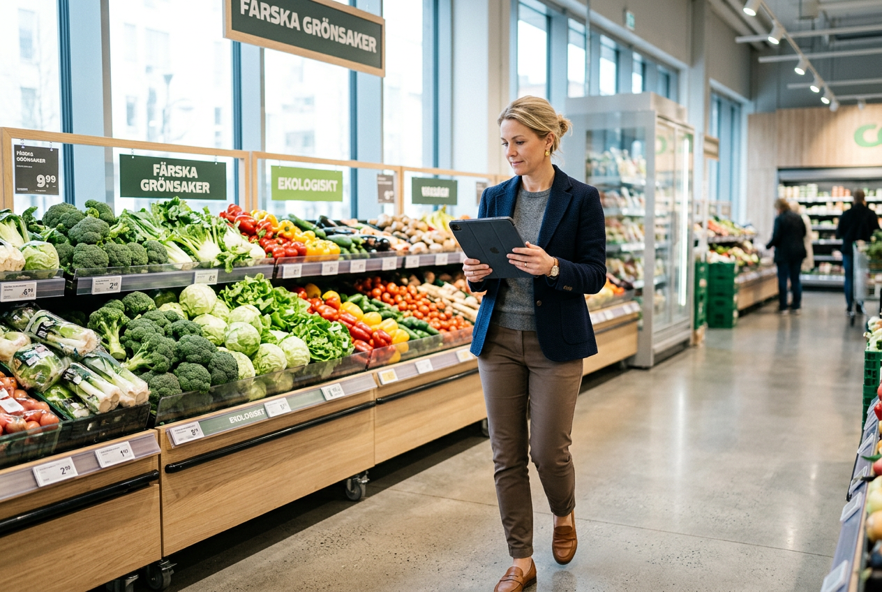 Butikschef granskar frukt och grönt