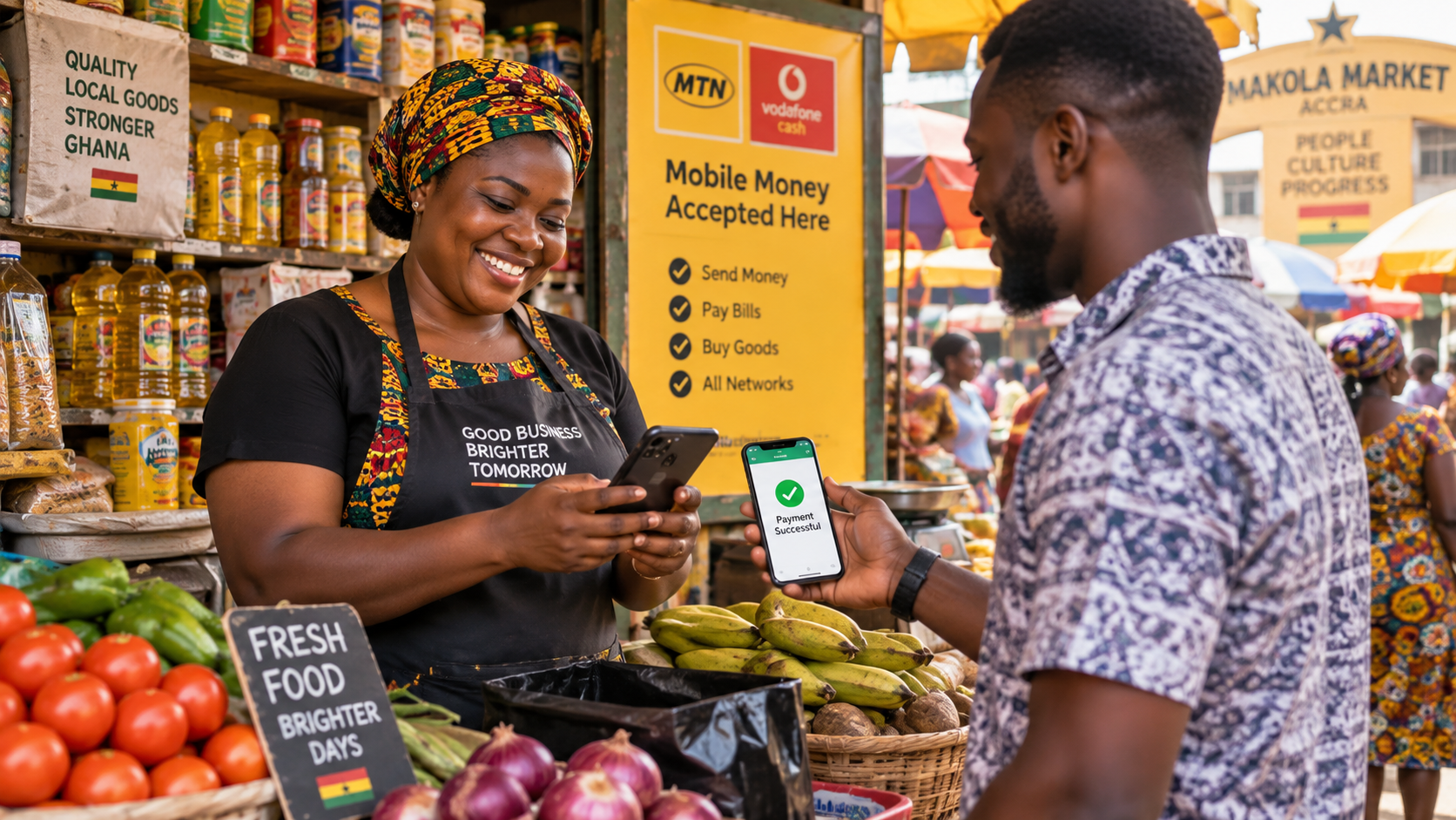 A Ghanaian market trader using a smartphone to accept a mobile money payment from a customer in a vibrant, colourful Ghanaian market setting.