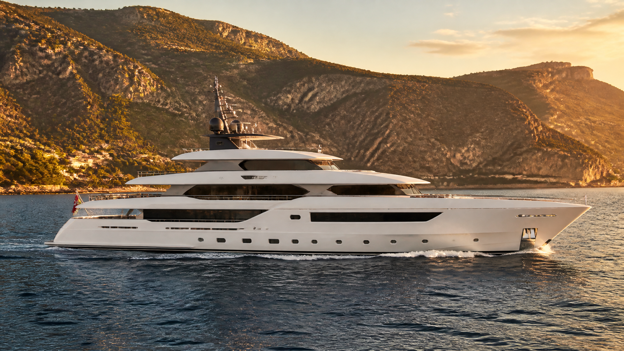 Superyacht at anchor with crew tending the aft deck