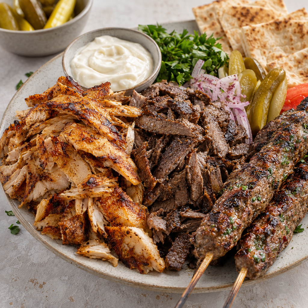 Shawarma y pinchos de kafta a la parrilla