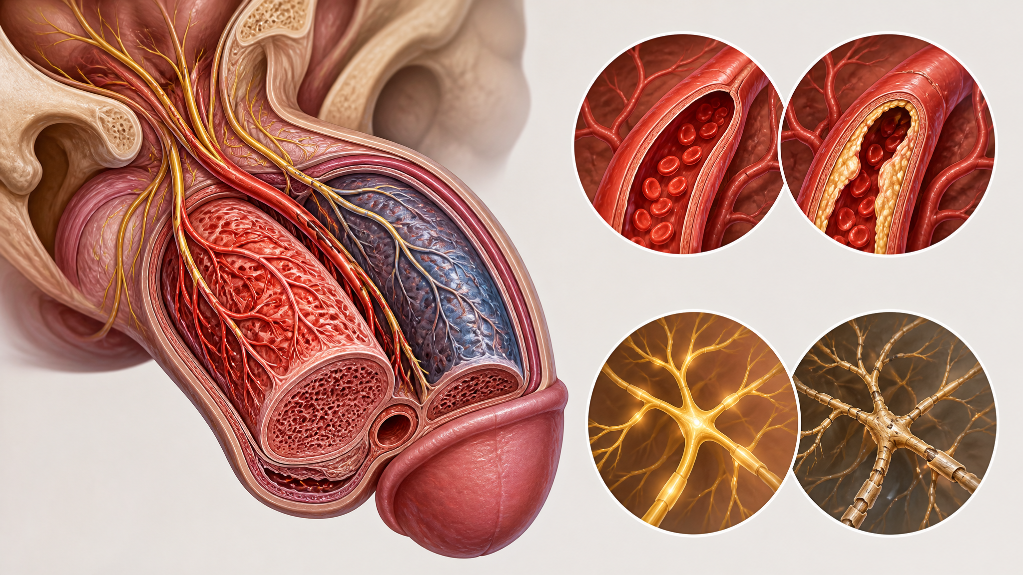Anatomical diagram showing restricted blood flow and nerve pathways involved in erectile dysfunction