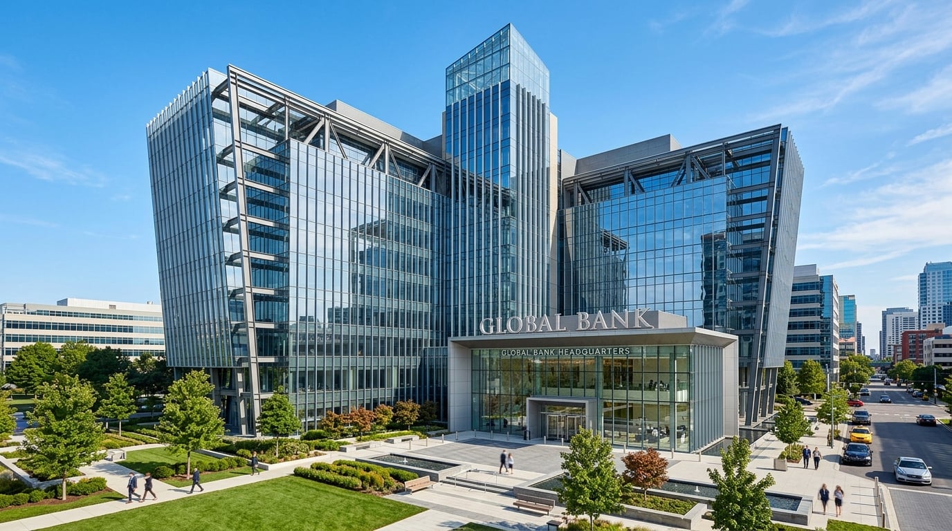 Modern corporate office building representing business banking