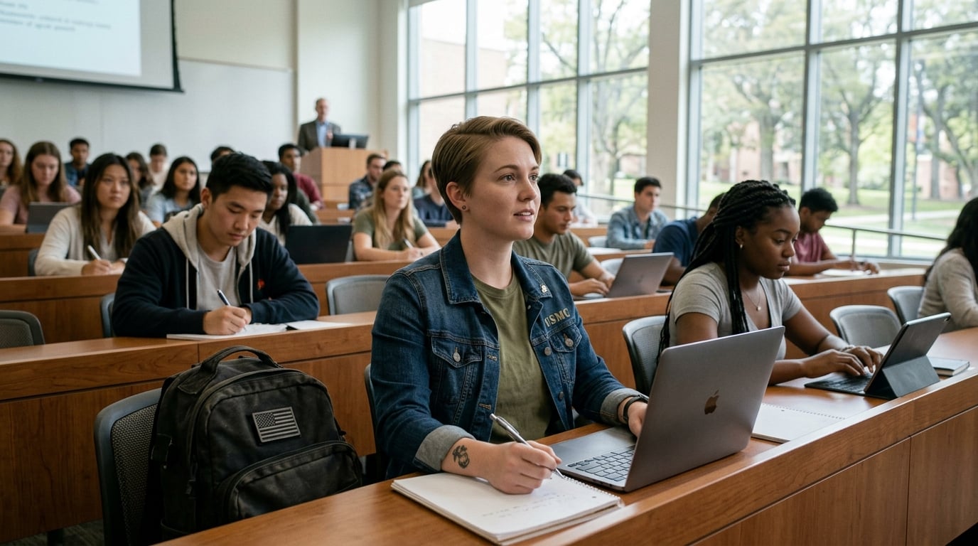 Young white female Marine Corps veteran in a college lecture hall with laptop