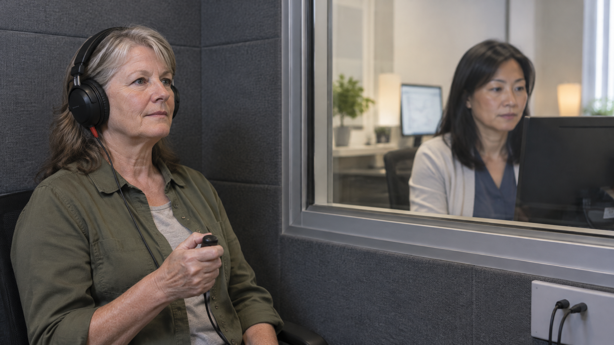 A woman veteran wearing test headphones in an audiology booth while a woman audiologist watches through the window