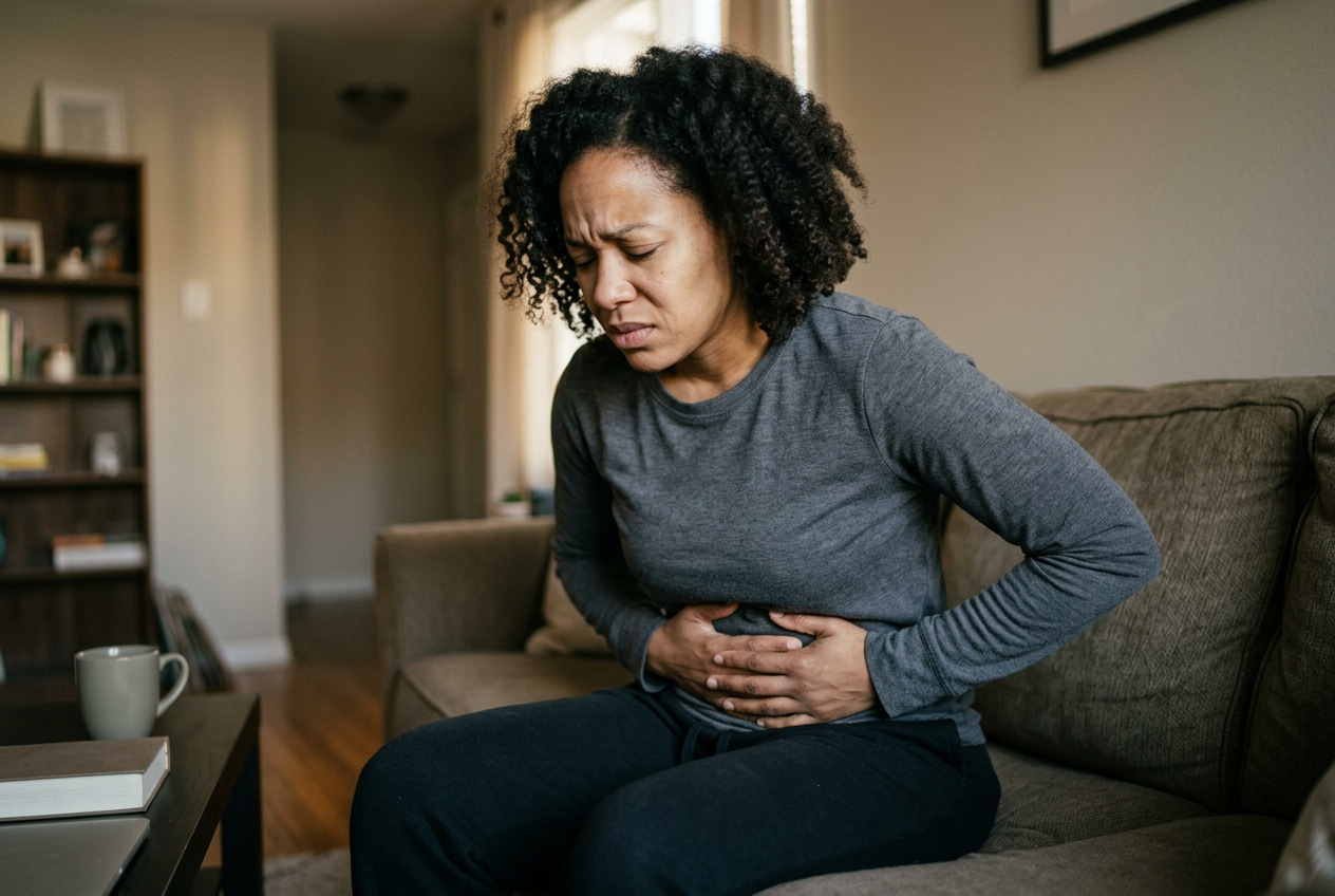 Black female veteran in her 30s sitting on a couch hunched forward with both hands pressing on her upper abdomen in epigastric distress
