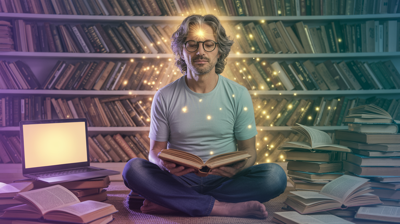 Čovek meditira u biblioteci pored otvorenih knjiga i laptopa — doživotno učenje i gnoza. čovek sedi i čita knjigu u biblioteci dok meditira, simbol doživotnog učenja, gnoze i povezivanja tehnologije i duhovnosti