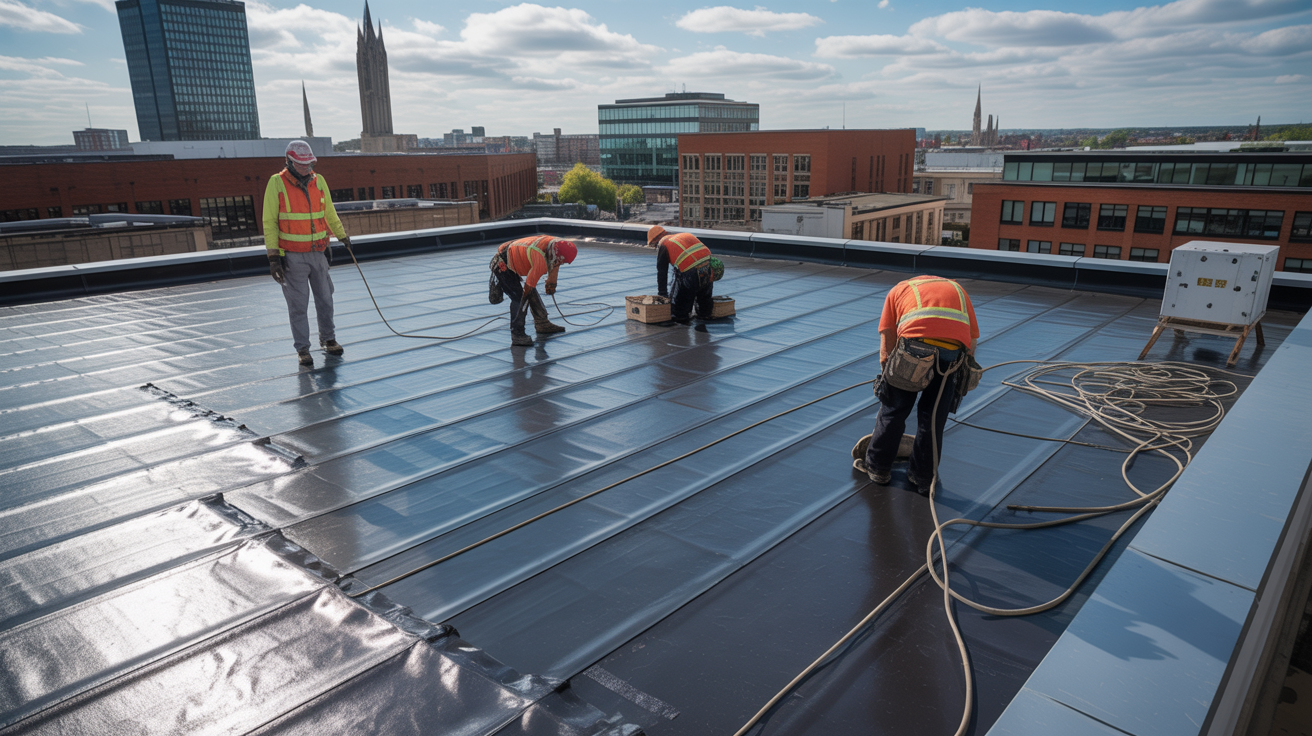 Commercial flat roof repair with EPDM rubber membrane